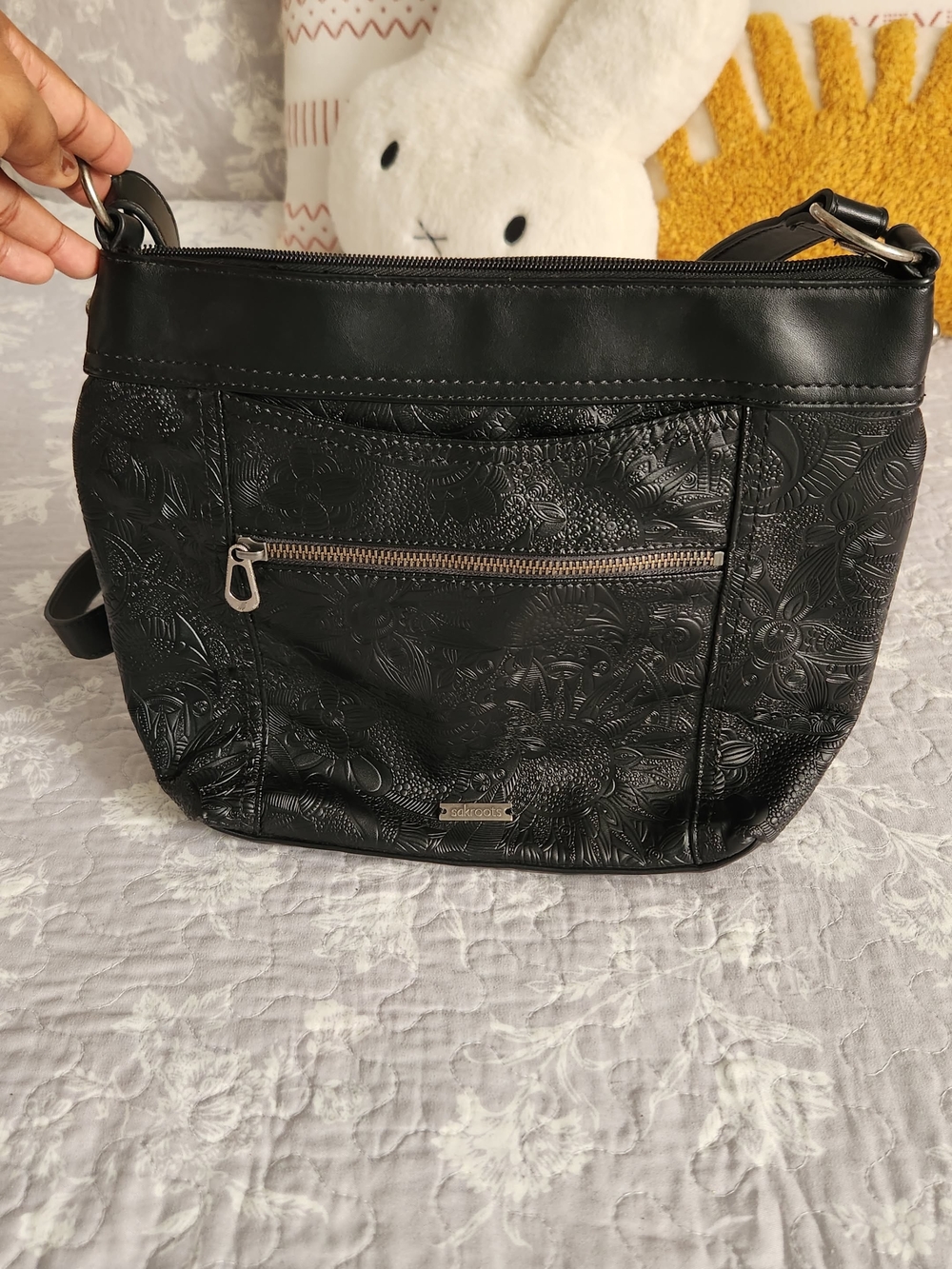 Sakroots Vegan Black Embossed Women's Shoulder Bag  Stylish Daily Crossbody